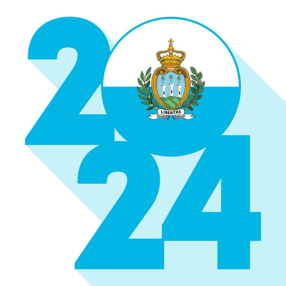 Happy New Year 2024, long shadow banner with San Marino flag inside. Vector illustration.