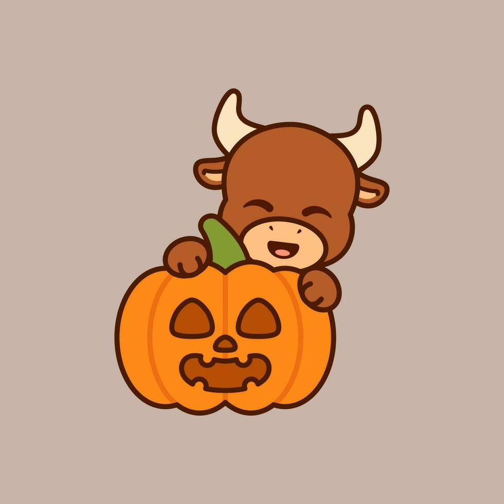 Vector Cute Bull With Jack o Lantern