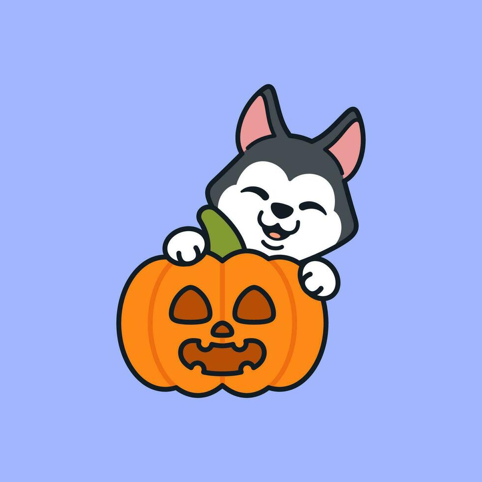 Vector Cute Siberian Husky or Alaskan Malamute With Jack o Lantern
