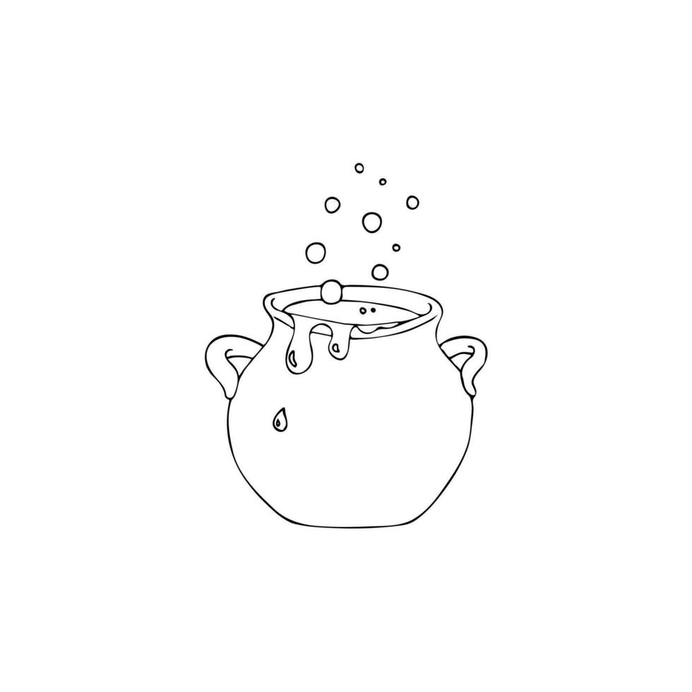 Witch pot sketch. Pan for witchcraft. Cooking utensil vector illustration isolated on a white background. Hand drawn Halloween design element.  Wiccan design, astrology, alchemy, and magic symbol.