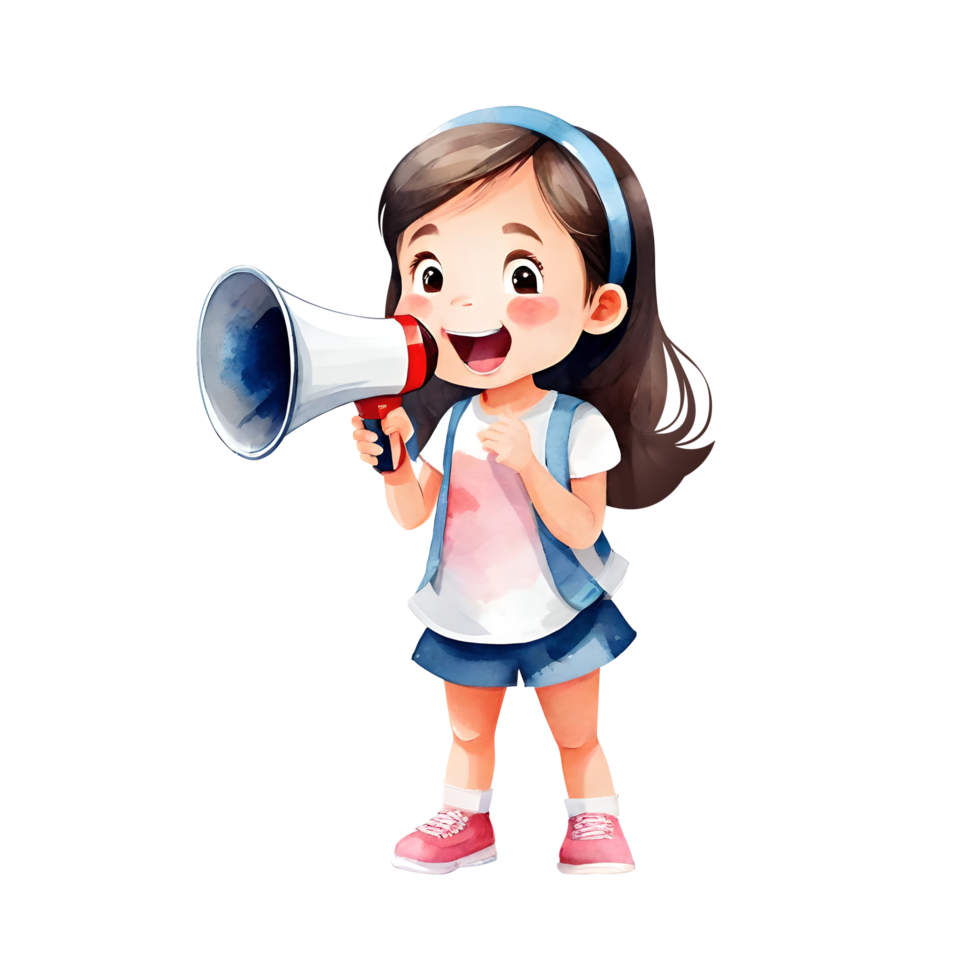 Energetic Cute Little Girl Exuberantly Using Megaphone Simple Isolated Transparent AI Generative Illustraton Clipart png