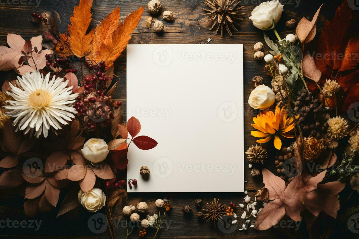 an empty photo frame, surrounded with autumn leaves and decoration, mockup, copy space AI Generated