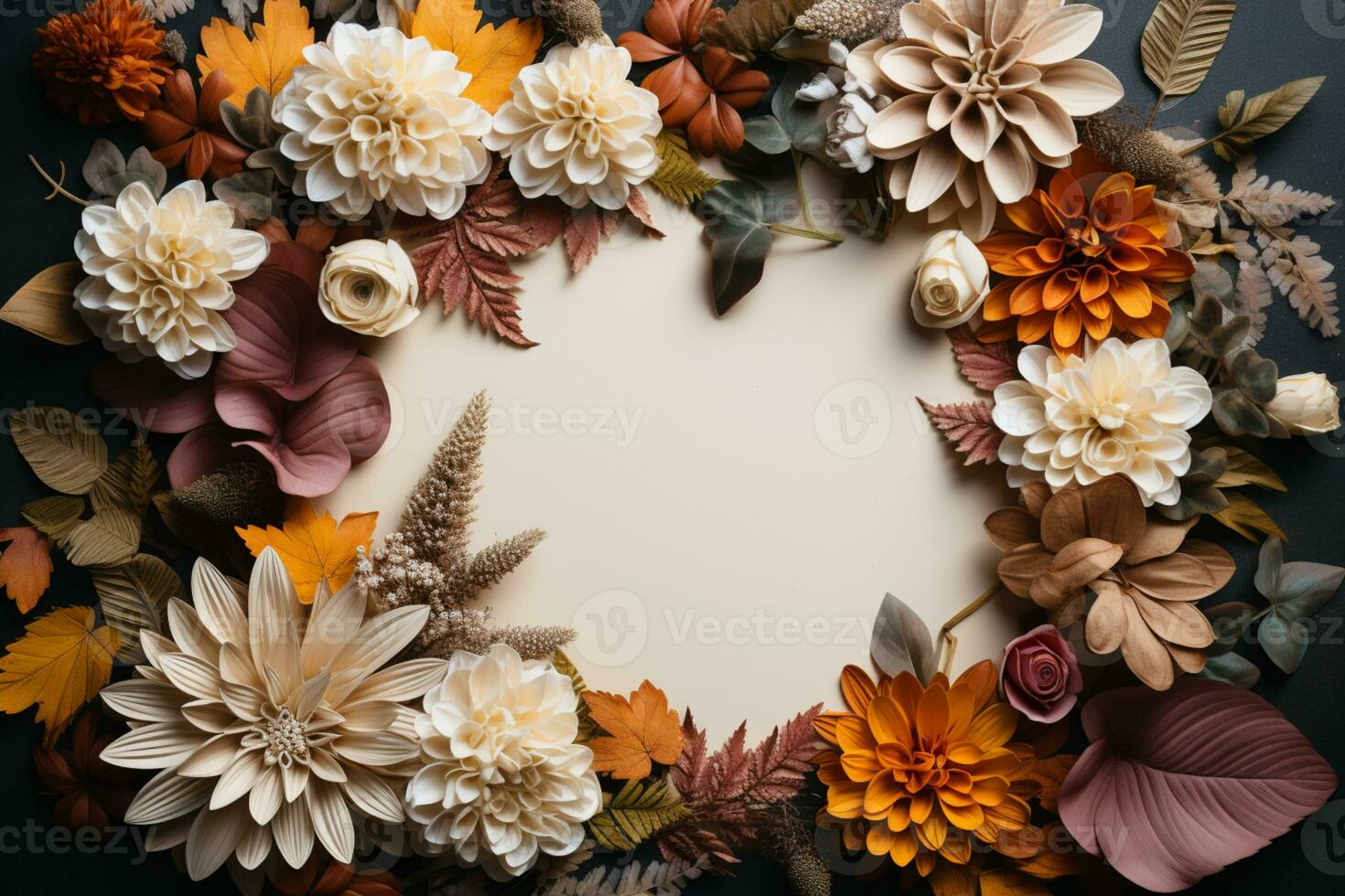 an empty photo frame, surrounded with autumn leaves and decoration, mockup, copy space AI Generated