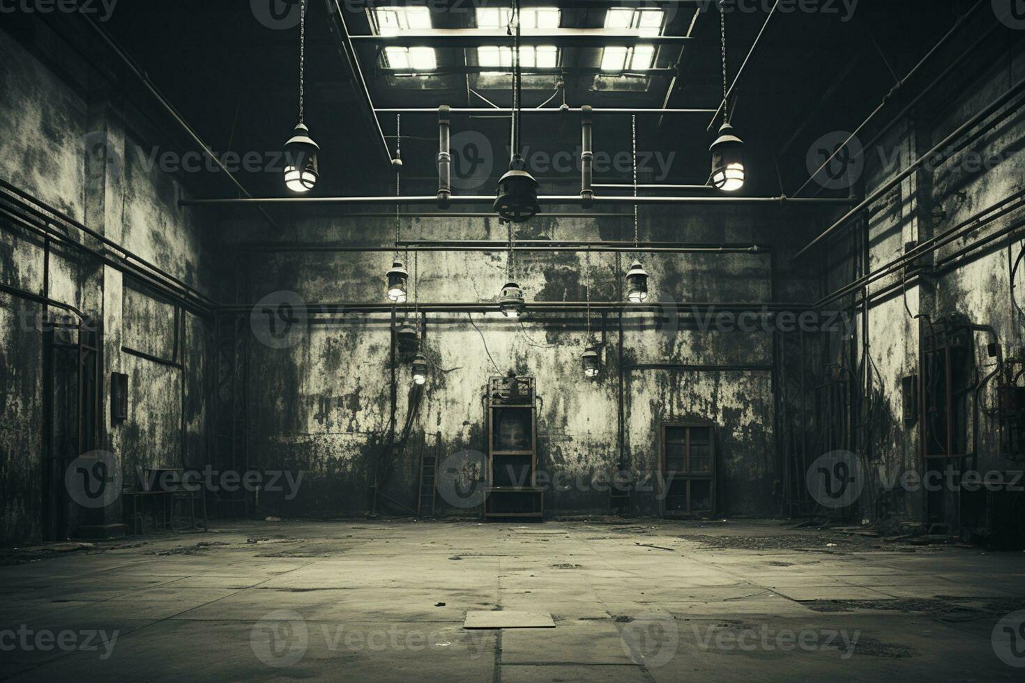 empty Abandoned old warehouse interior, dark, industrial, dirty, gloom AI Generated photo