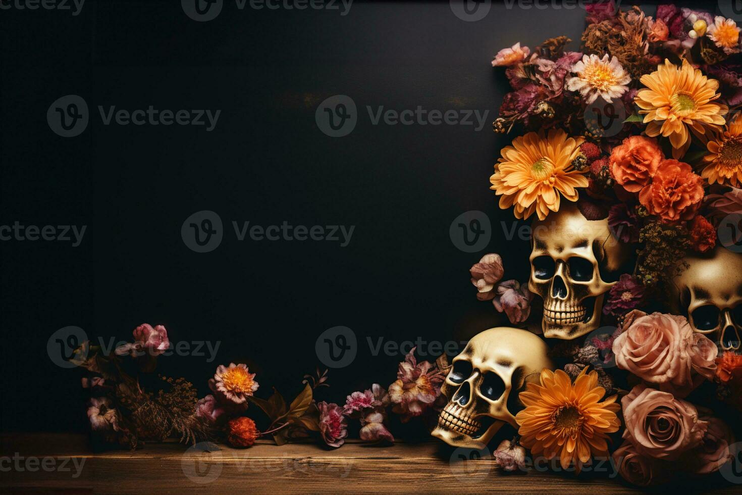 un vacío foto marco, rodeado con ofrecimiento de un cráneo, flores, y velas en el celebracion de el dia Delaware los muertos, , Bosquejo, Víspera de Todos los Santos, Copiar espacio ai generado