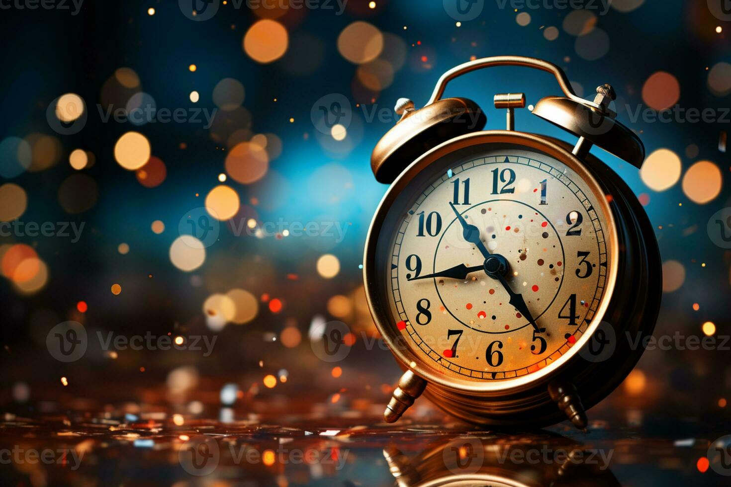 analog clock, confetti and star, new year concept, mockup, copy space AI Generated photo