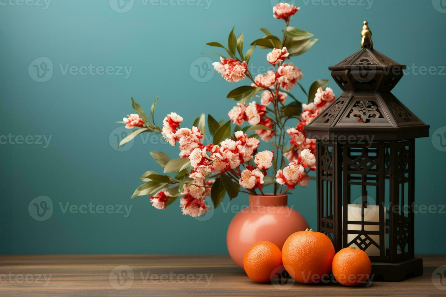 Chinese new year concept, red chinese paper lantern,with mandarin oranges, mockup, copy space AI Generated photo