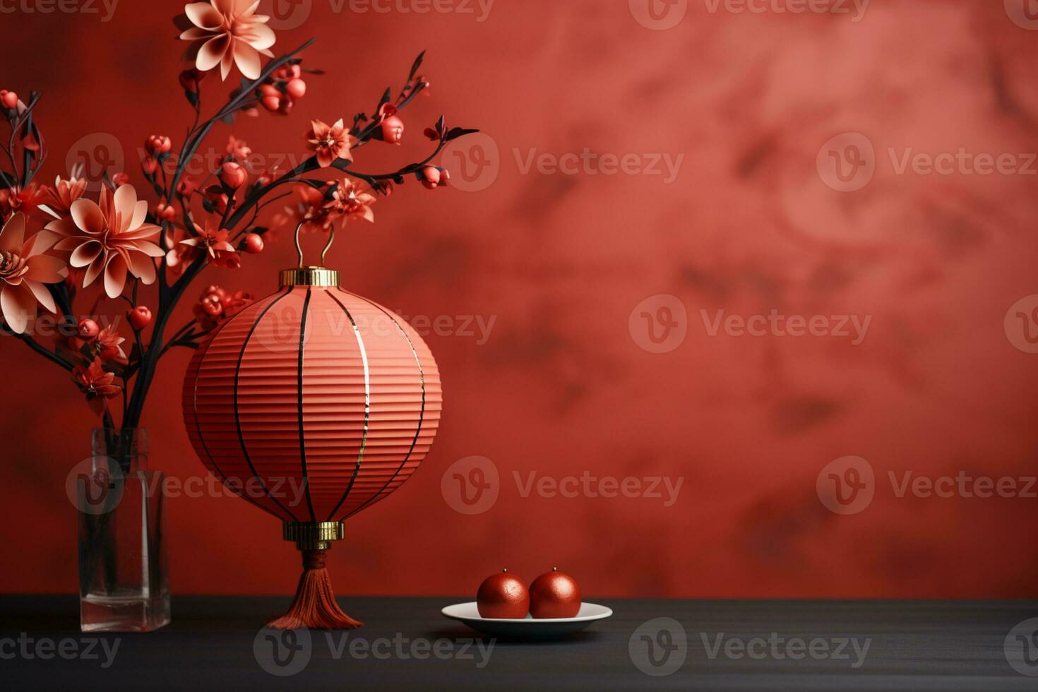 Chinese new year concept, red chinese paper lantern,with mandarin oranges, mockup, copy space AI Generated photo