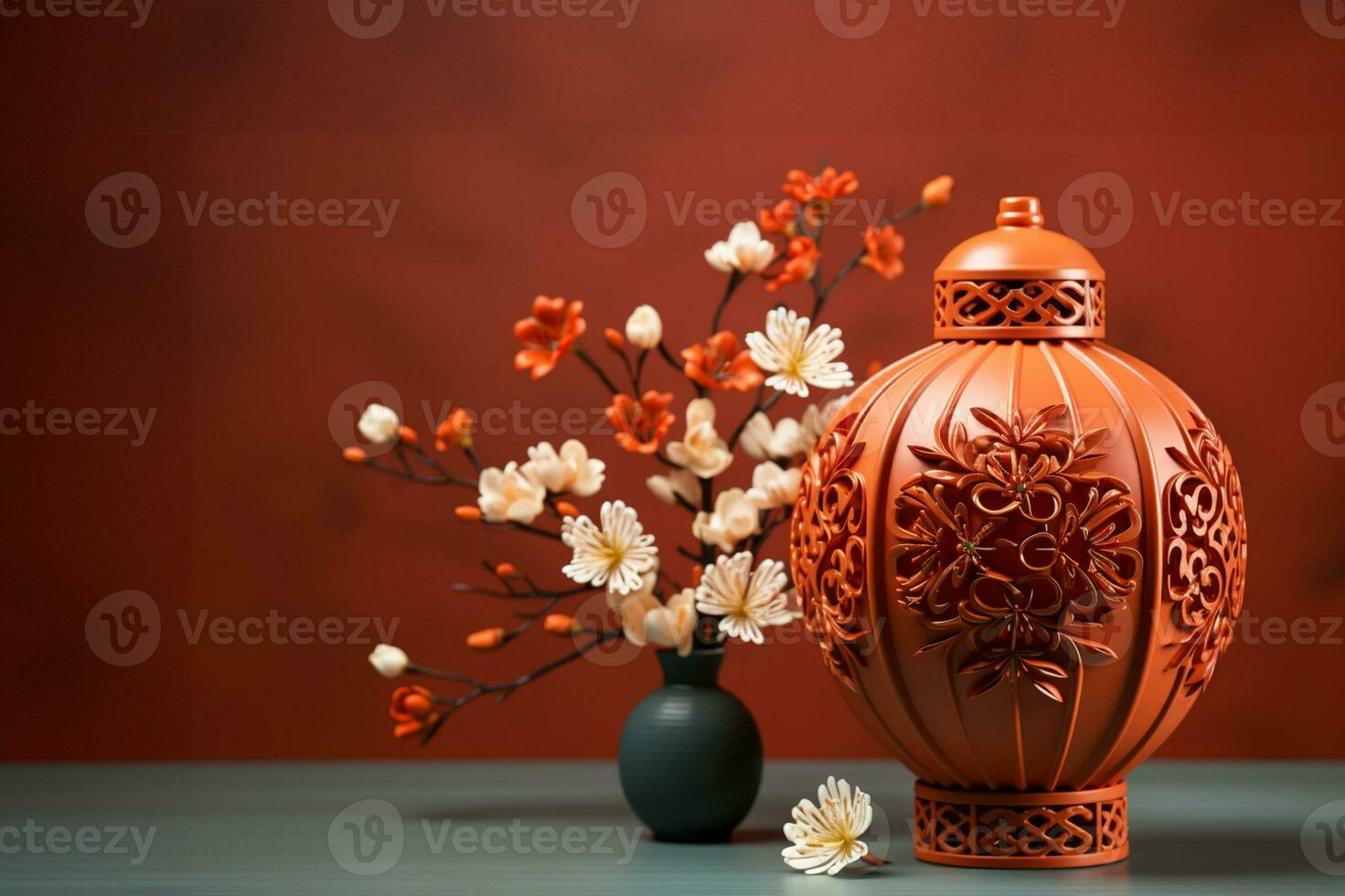 Chinese new year concept, red chinese paper lantern,with mandarin oranges, mockup, copy space AI Generated photo