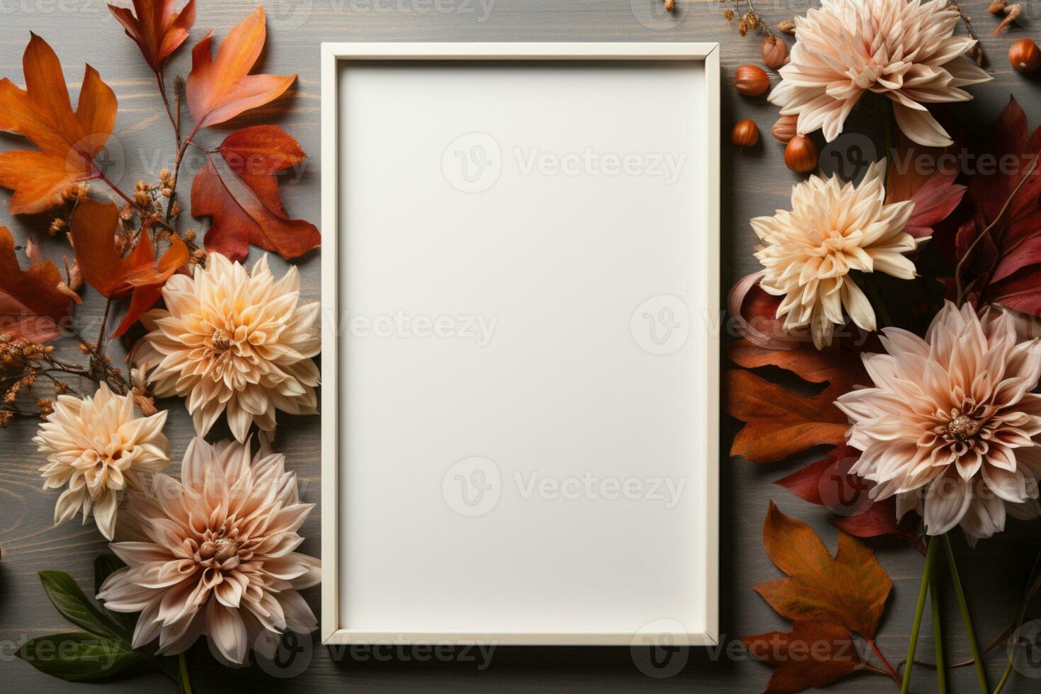 an empty photo frame, surrounded with autumn leaves and decoration, mockup, copy space AI Generated