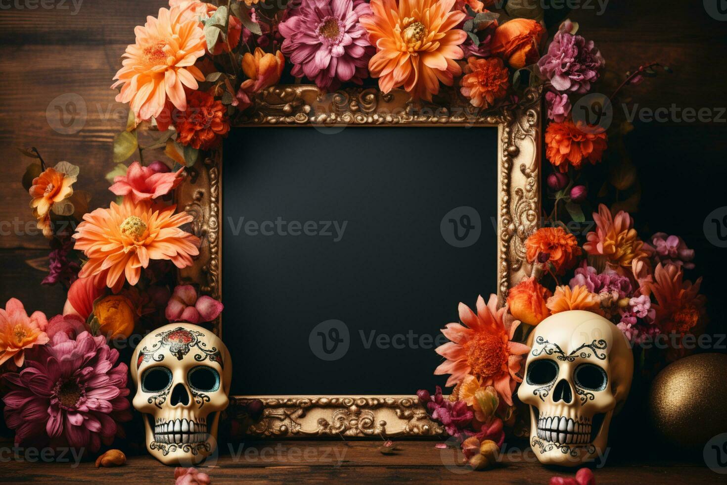 an empty photo frame, surrounded with Offering of a skull, flowers, and candles in the celebration of the dia de los muertos, , mockup, Halloween, copy space AI Generated