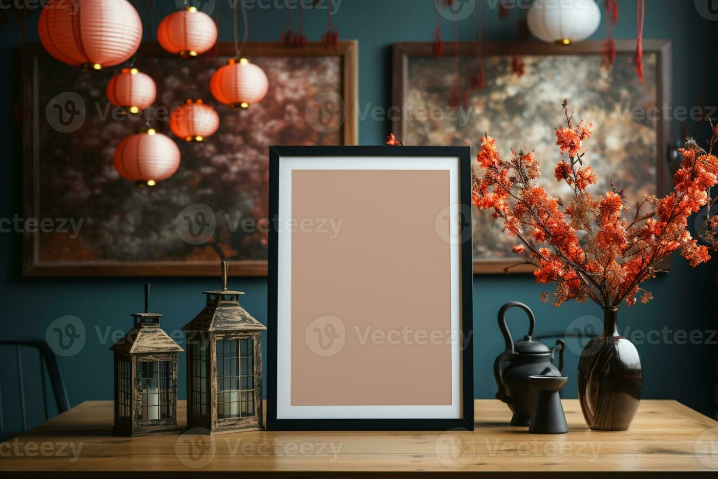 Chinese new year concept, empty picture frame,with mandarin oranges, mockup, copy space AI Generated photo