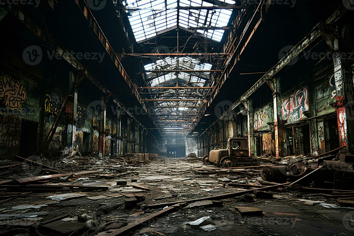 vacío abandonado antiguo almacén interior, oscuro, industrial, sucio, oscuridad ai generado foto