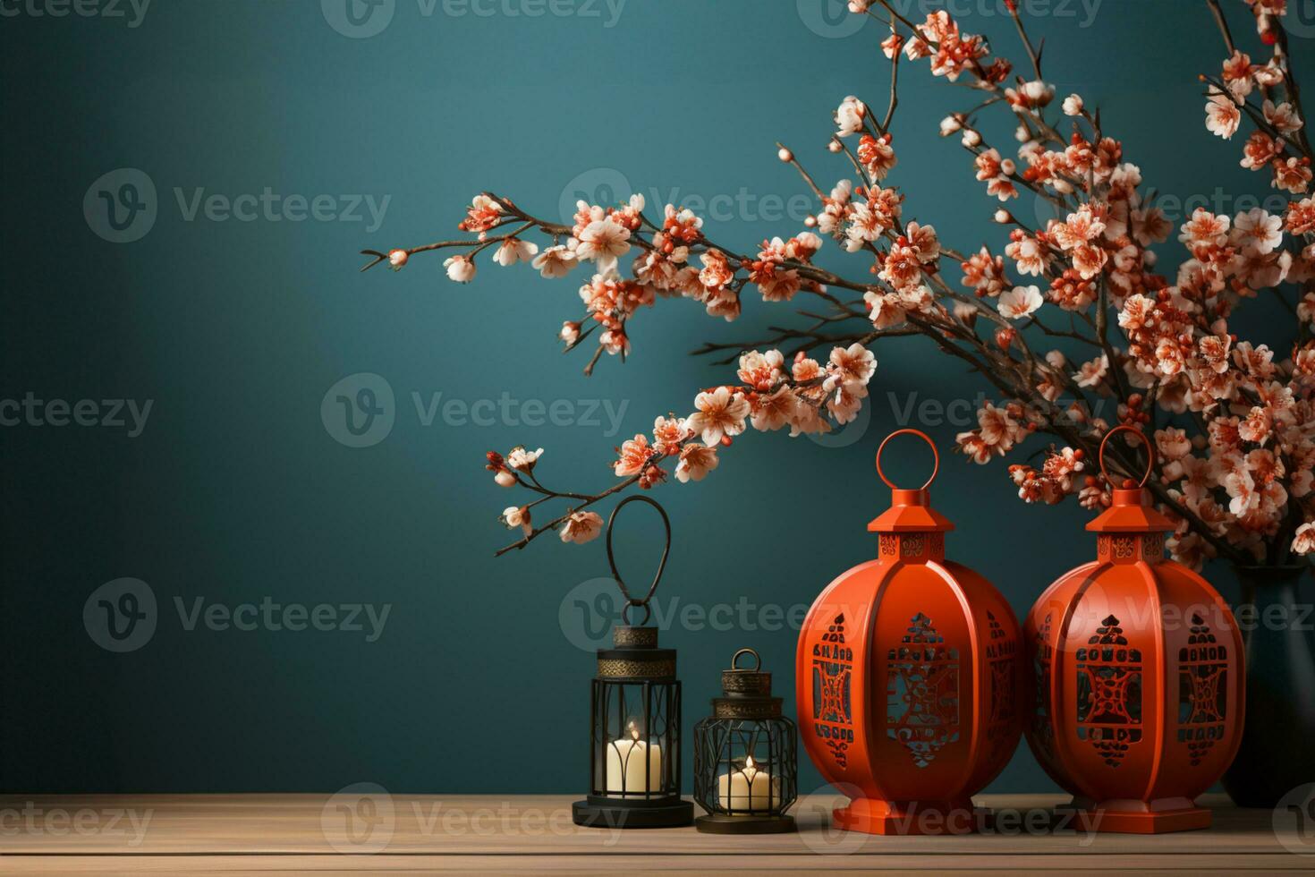 Chinese new year concept, red chinese paper lantern,with mandarin oranges, mockup, copy space AI Generated photo