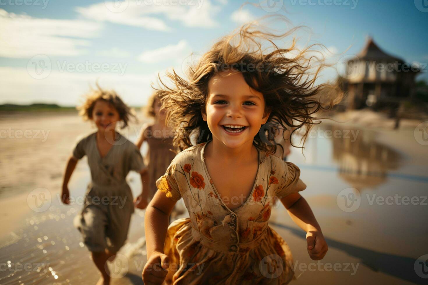 niños felizmente corriendo a el playa ai generado foto