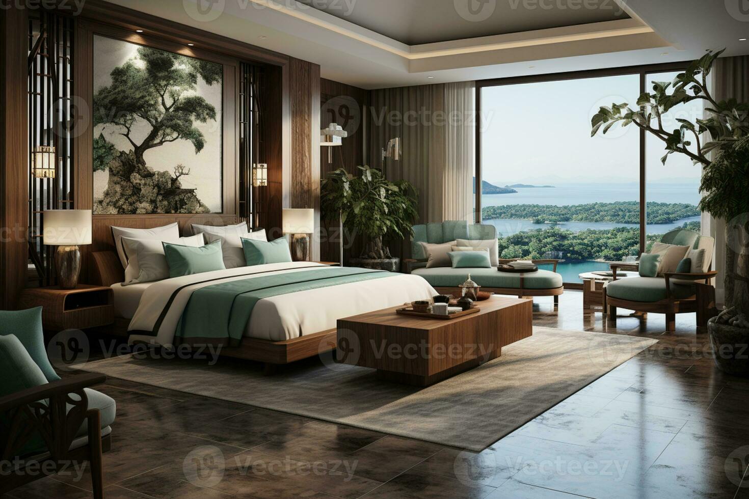 luxurious bedroom in 5 star hotel with open window views AI Generated photo