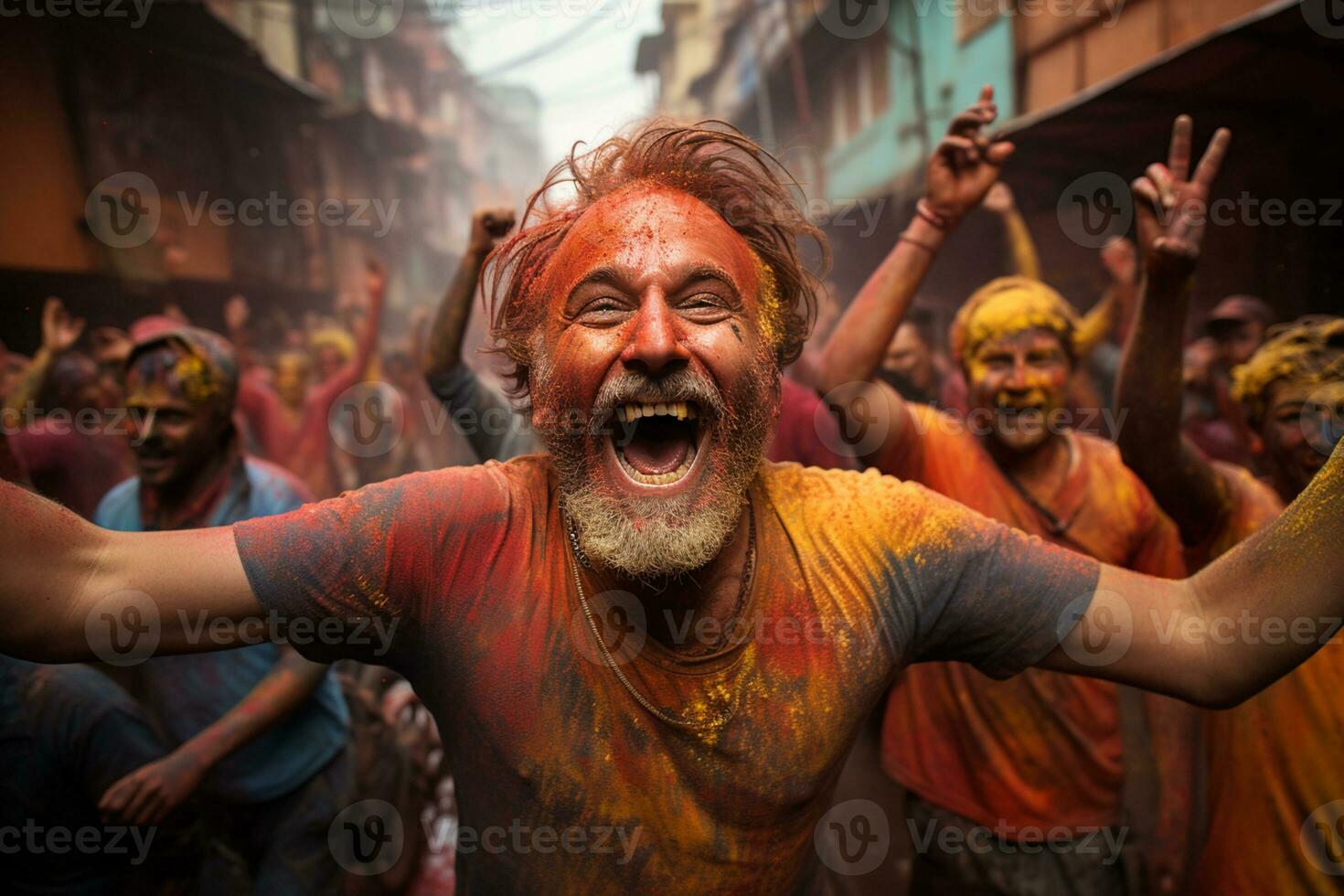 devotees enjoying holi festival on the street AI Generated photo
