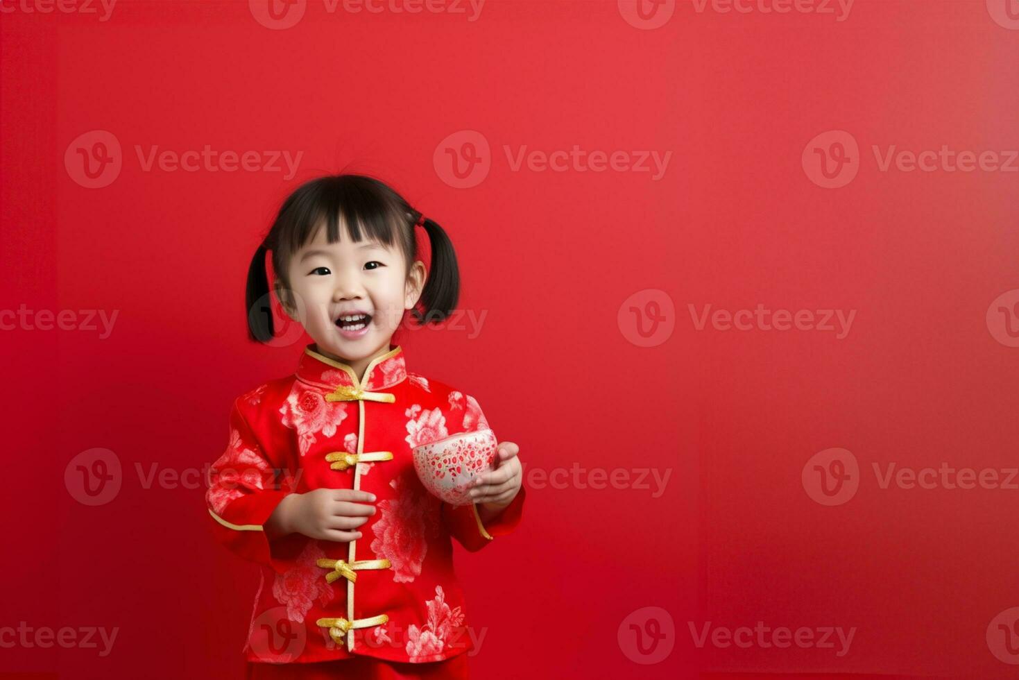 Kids celebrating Chinese New Year on a red background, copy space AI Generated photo