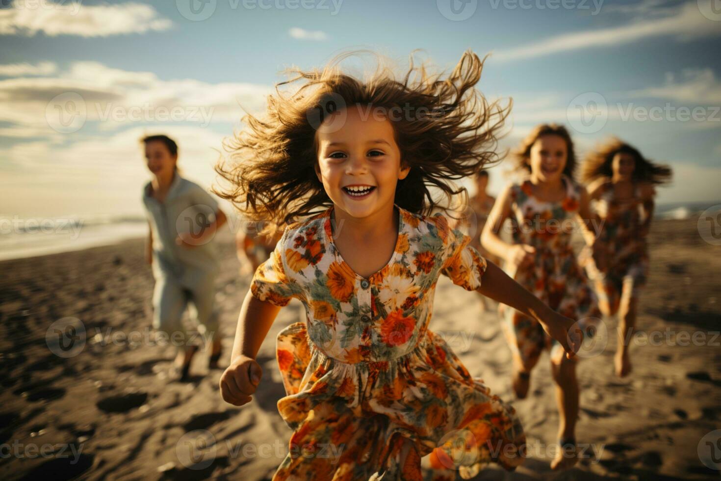 niños felizmente corriendo a el playa ai generado foto