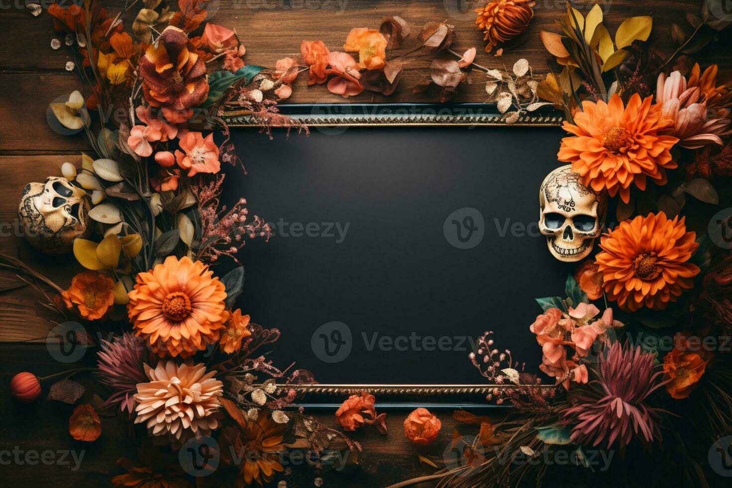 an empty photo frame, surrounded with Offering of a skull, flowers, and candles in the celebration of the dia de los muertos, , mockup, Halloween, copy space AI Generated