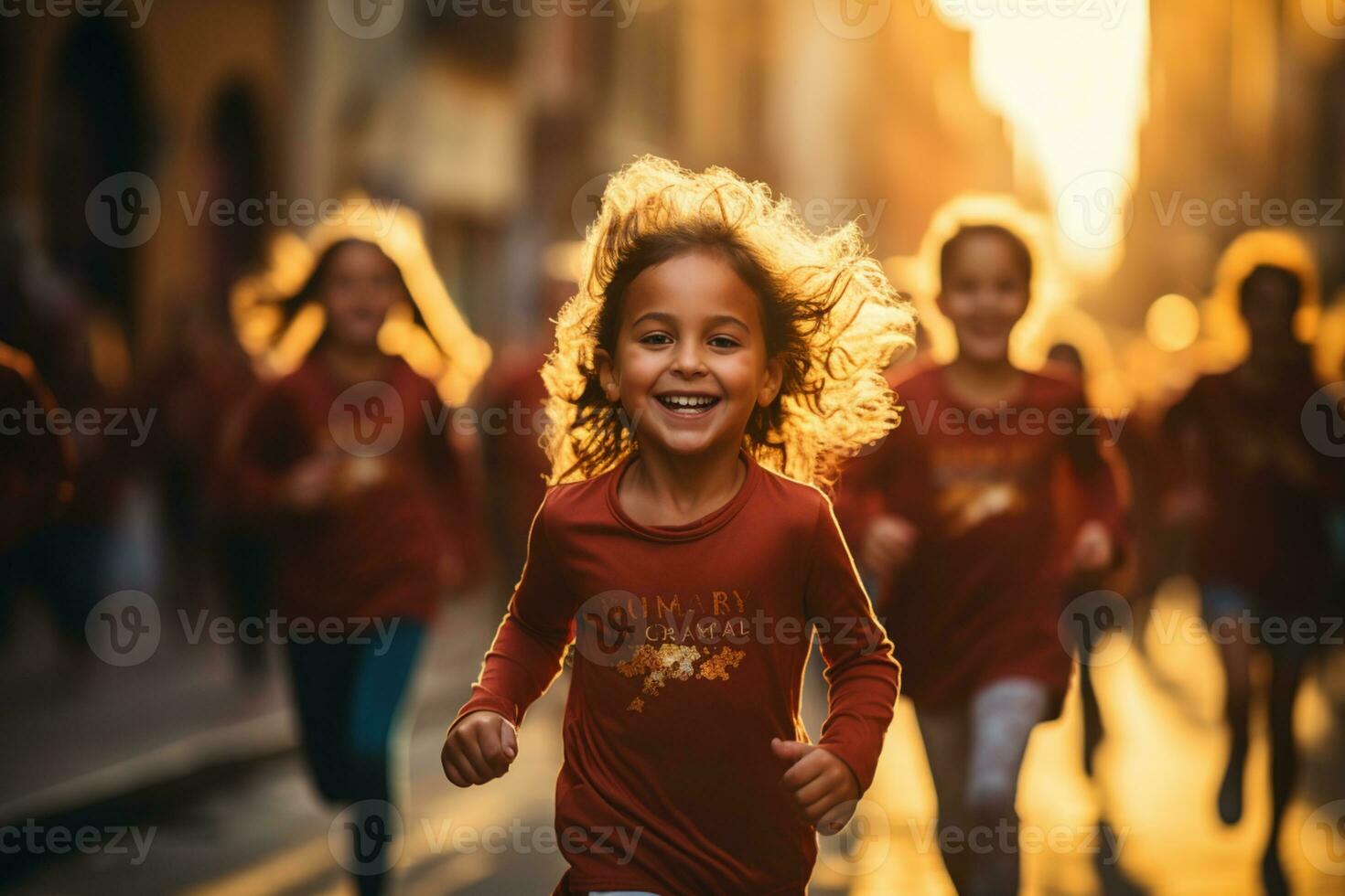 niños corriendo en un maratón durante amanecer ai generado foto