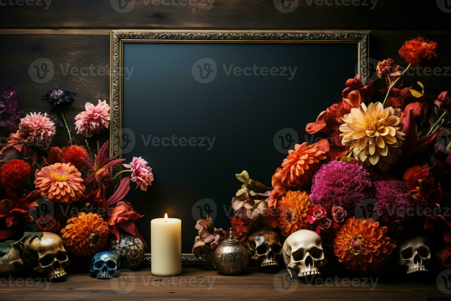 un vacío foto marco, rodeado con ofrecimiento de un cráneo, flores, y velas en el celebracion de el dia Delaware los muertos, , Bosquejo, Víspera de Todos los Santos, Copiar espacio ai generado