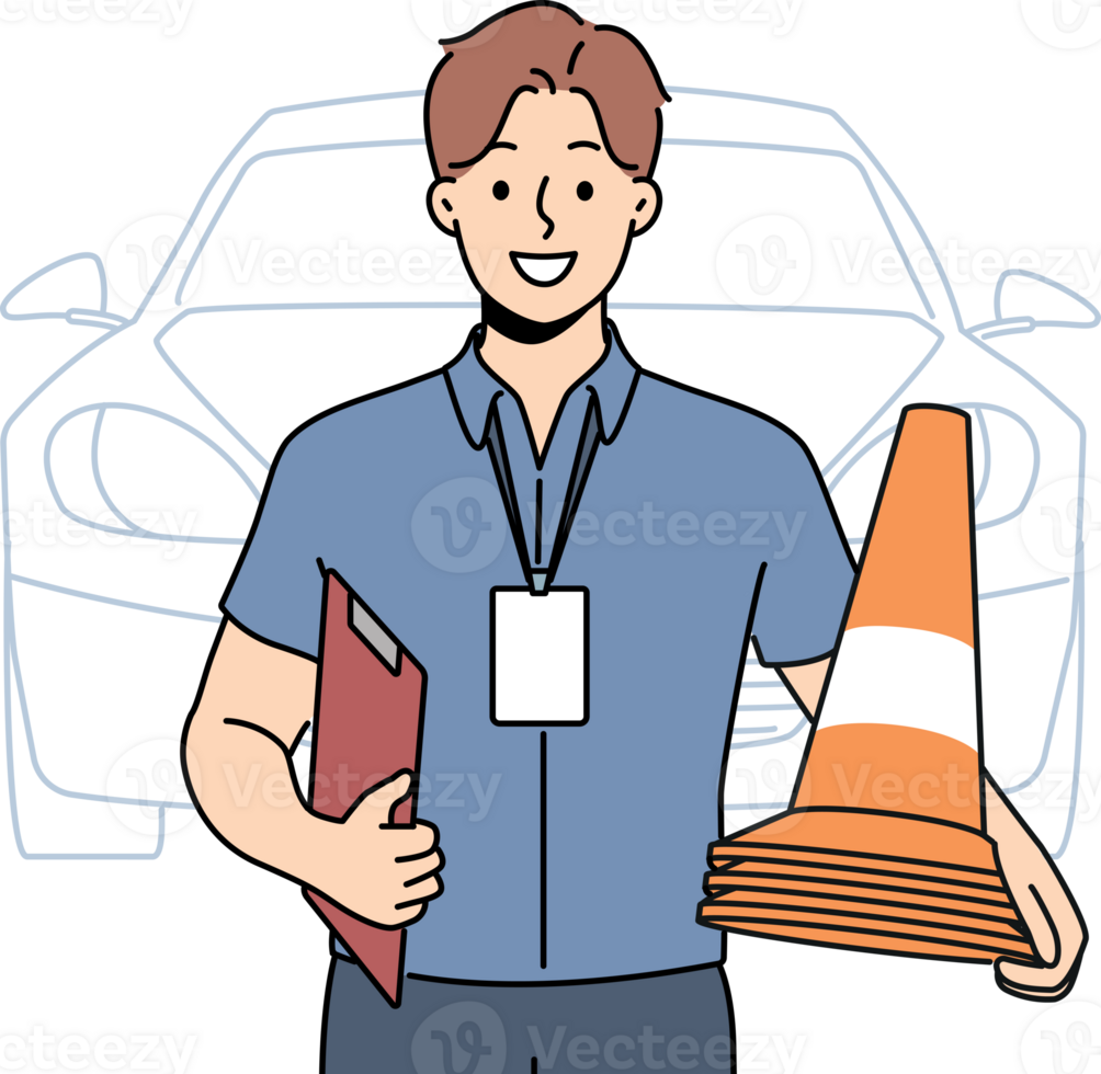 Man instructor from driving school smiles and holds traffic cones inviting to take exam for license png