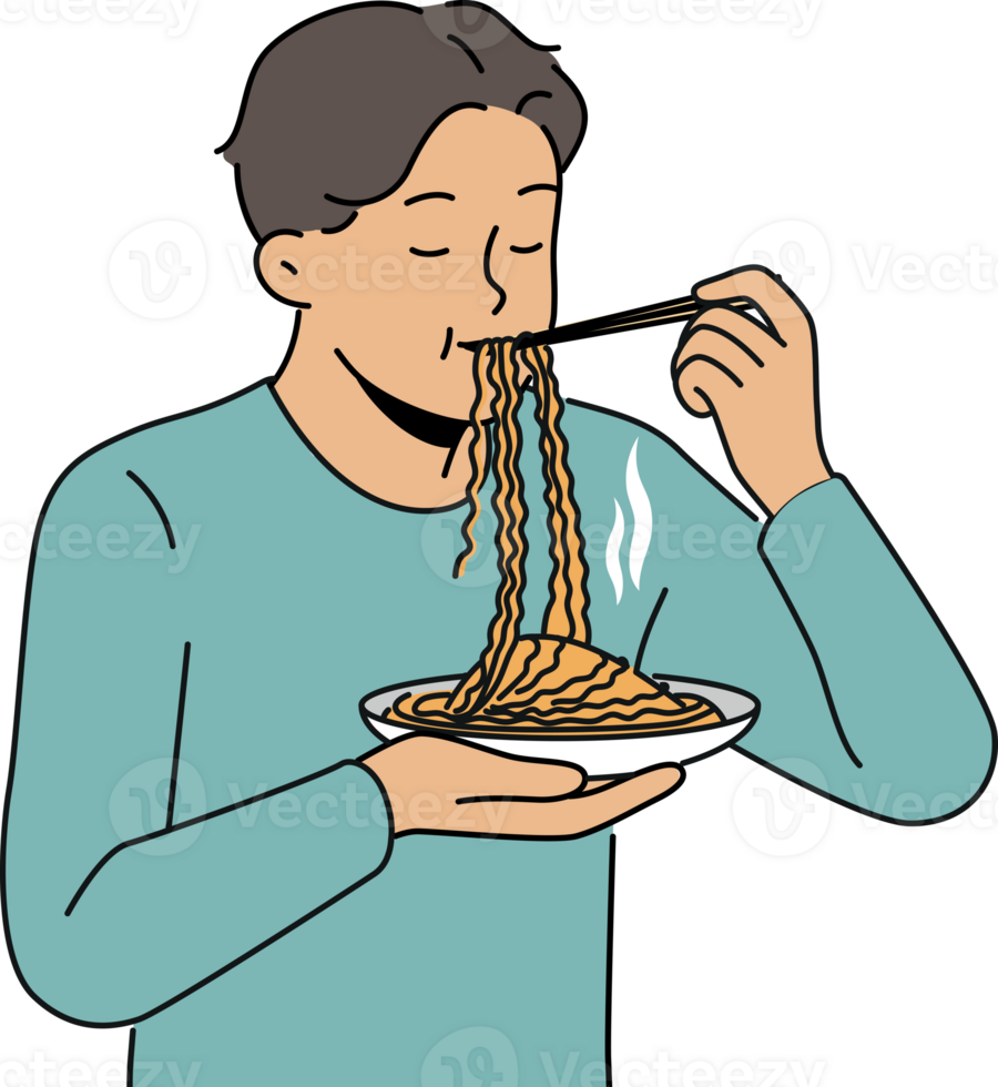 Asian man eats ramen with chinese sticks, enjoying taste of traditional national meal png