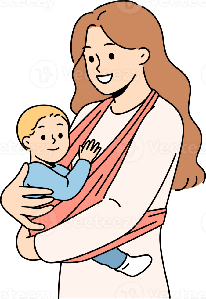 Mother holds baby in carrier sling and smiles, taking care of son and using comfortable babywearing. png