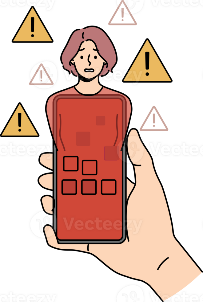 rouge téléphone infecté avec virus dans main et paniquer femme symboliser l'Internet harcèlement png