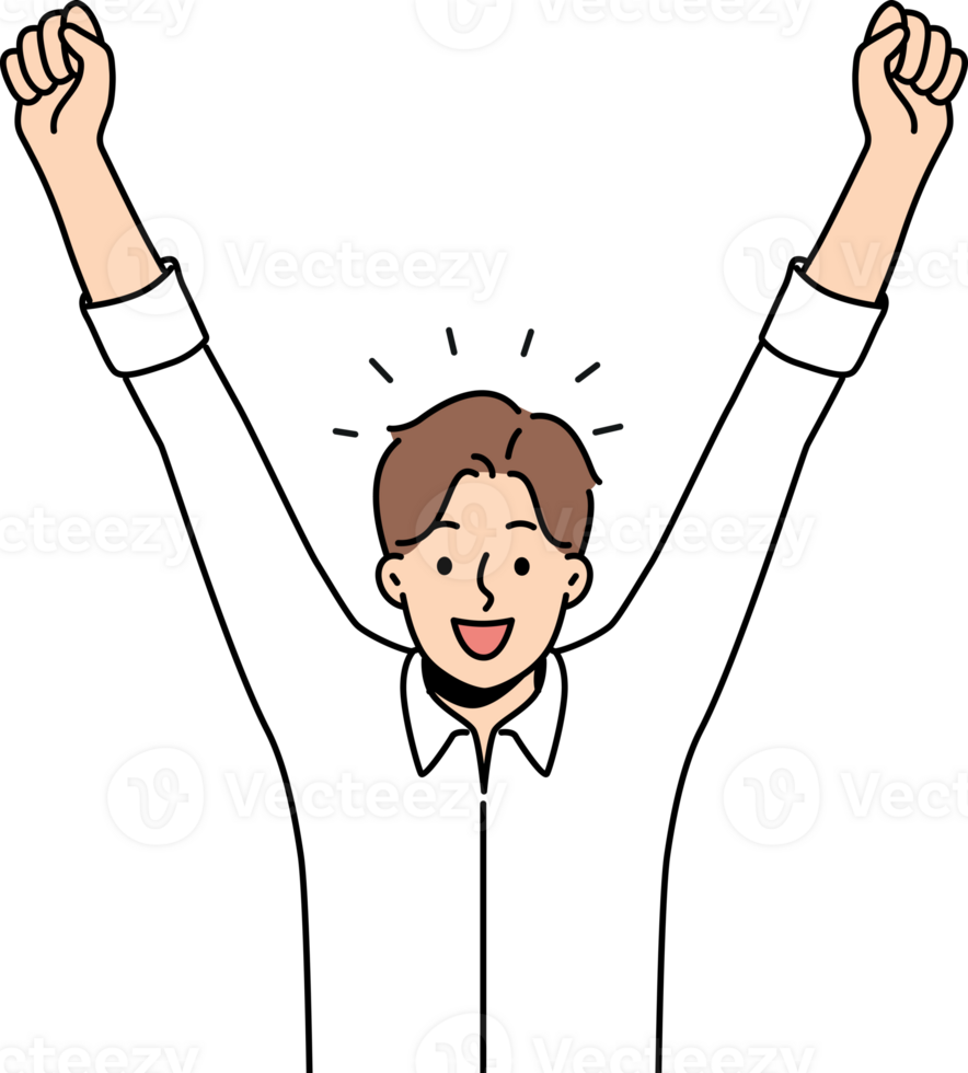 Delighted man celebrates victory by raising hands up and rejoicing in career achievements png