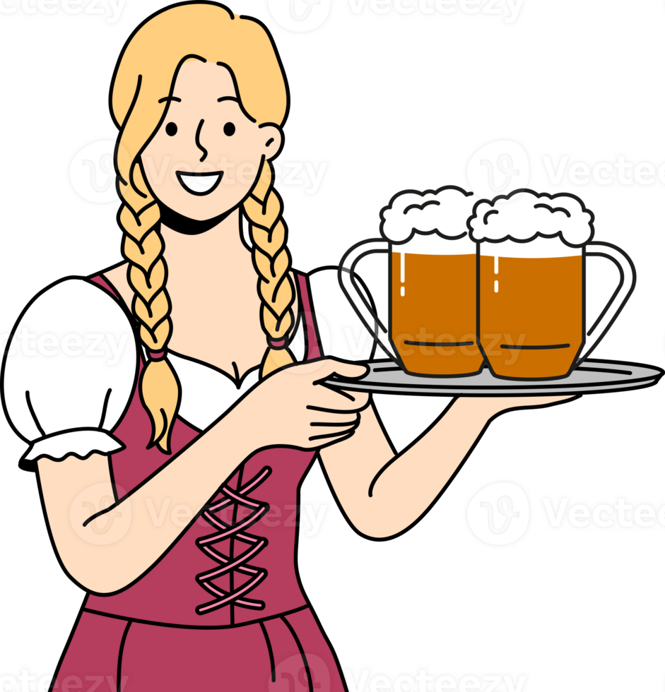 Woman waiter with beer on tray smiles, inviting to visit bavarian festival to try alcoholic drinks png