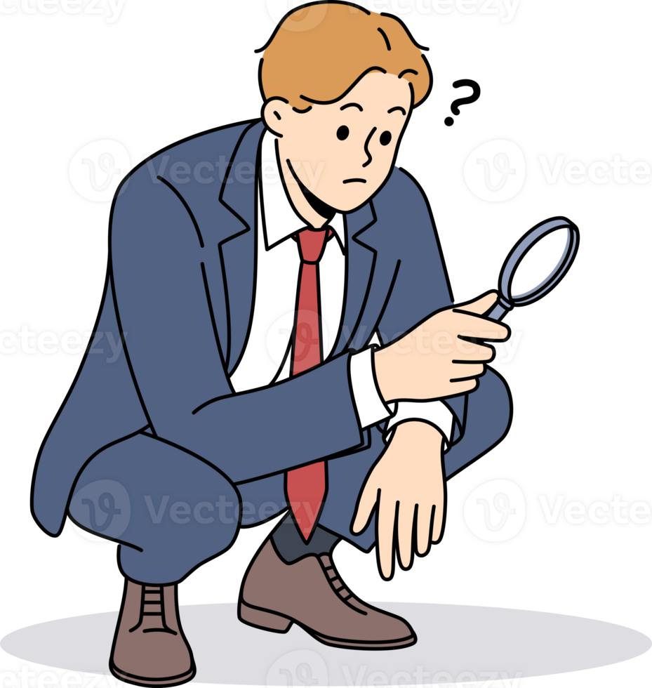 Business man with magnifying glass squats doing work of analyst or supervisor conducting audit png