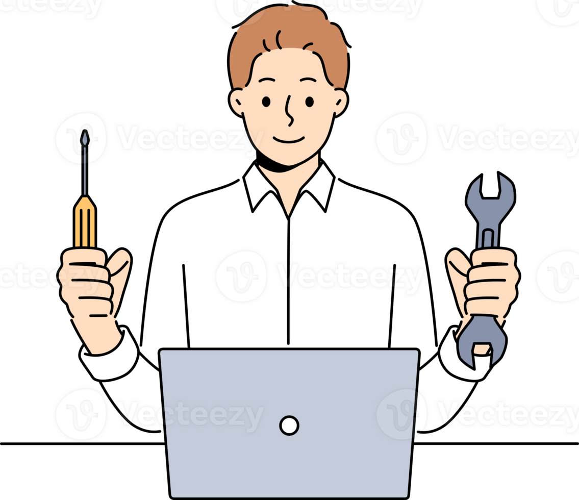 Man repairs laptop after breakdown and holds screwdriver and wrench, working as system administrator png