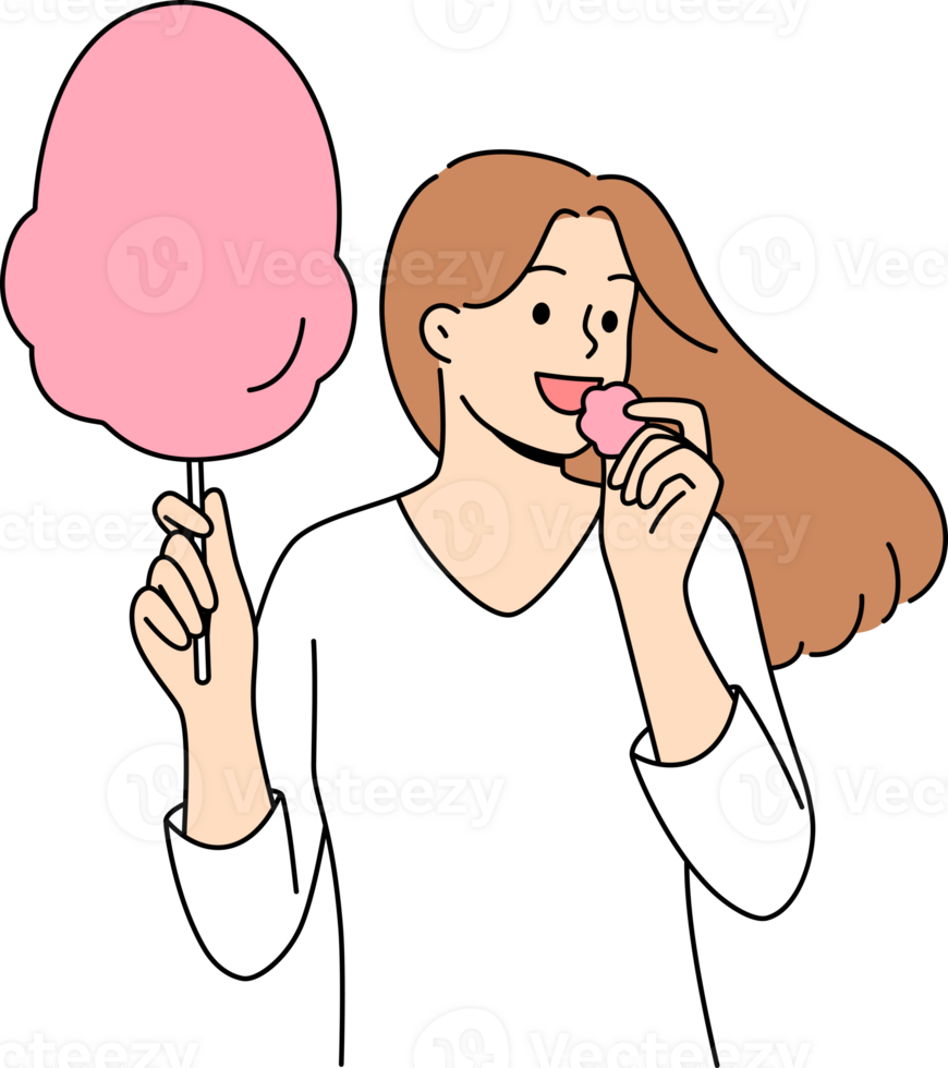 Woman eats cotton candy, enjoying airy sugar dessert while walking in park or at fair png