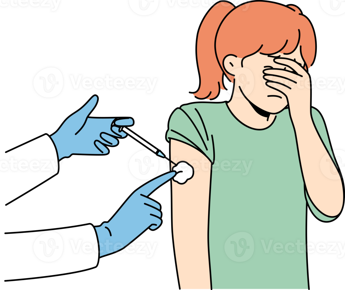 llorando pequeño niña es temeroso de inyecciones y cierra ojos durante inyección en hombro png