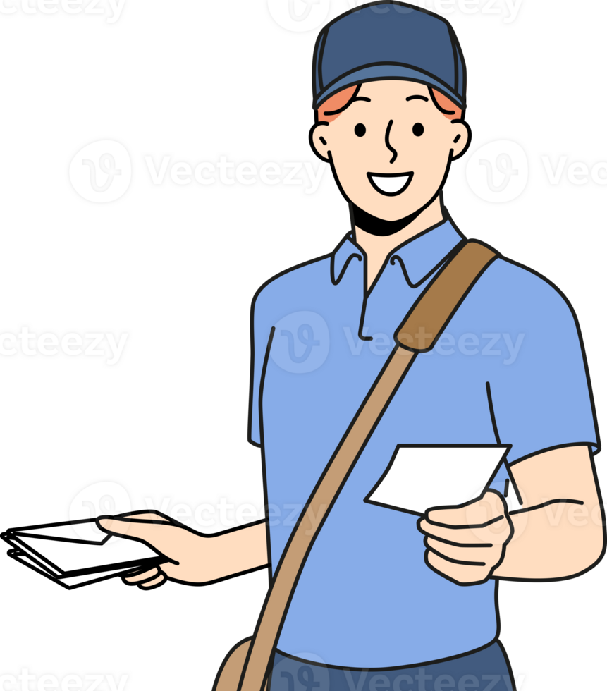 Guy works as postman and with smile holds envelope with letter and delivery correspondence png