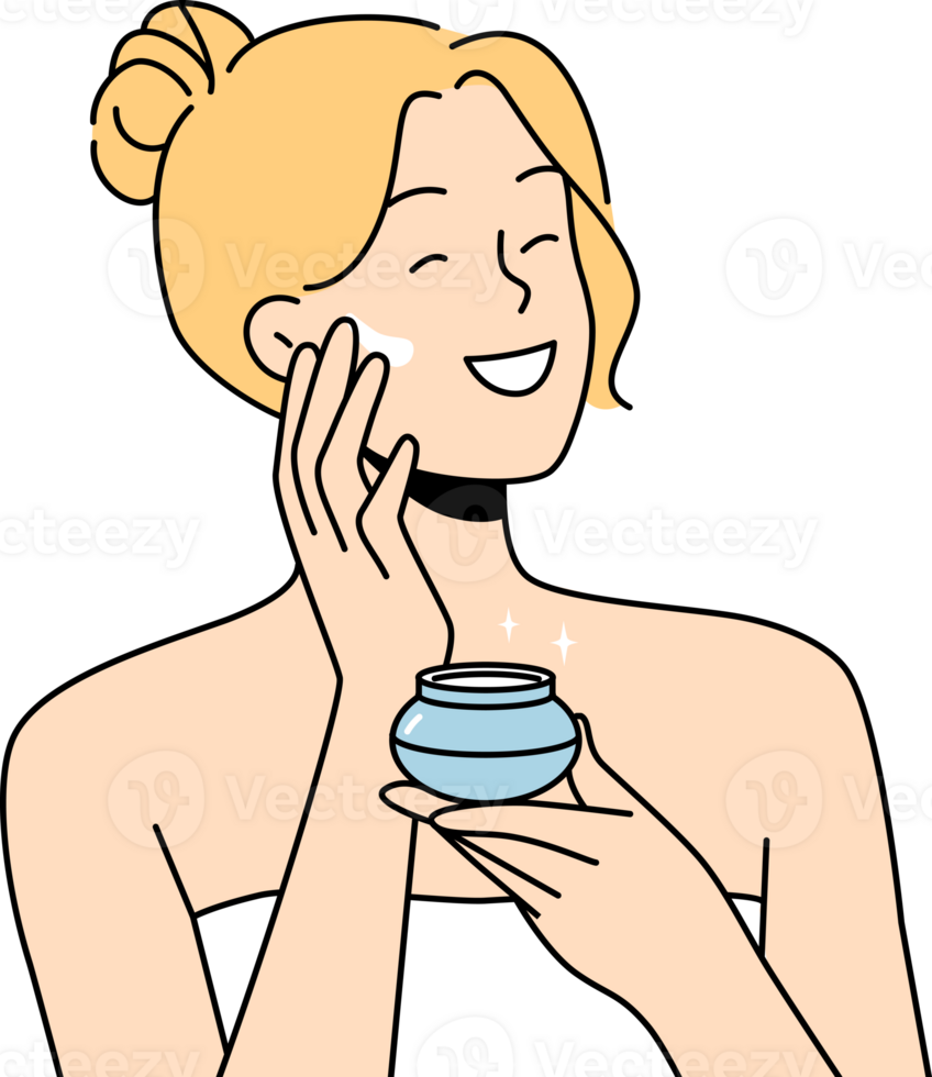 Woman applies anti-aging cream to face to stay beautiful, standing in bath towel after shower. png