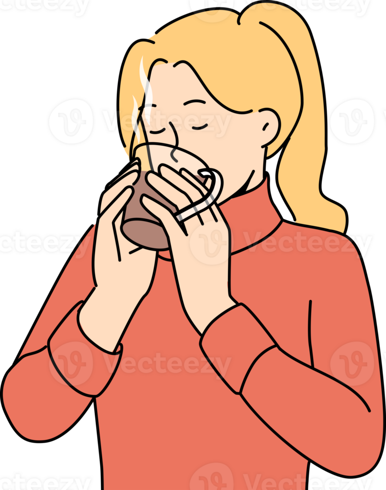 Woman drinks hot tea to keep warm and quench thirst after walk in park in cold winter weather png