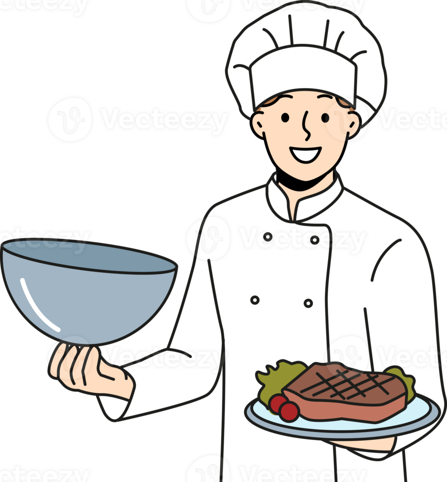 Man chef holds tray with beef steak and vegetables, inviting you to visit restaurant png