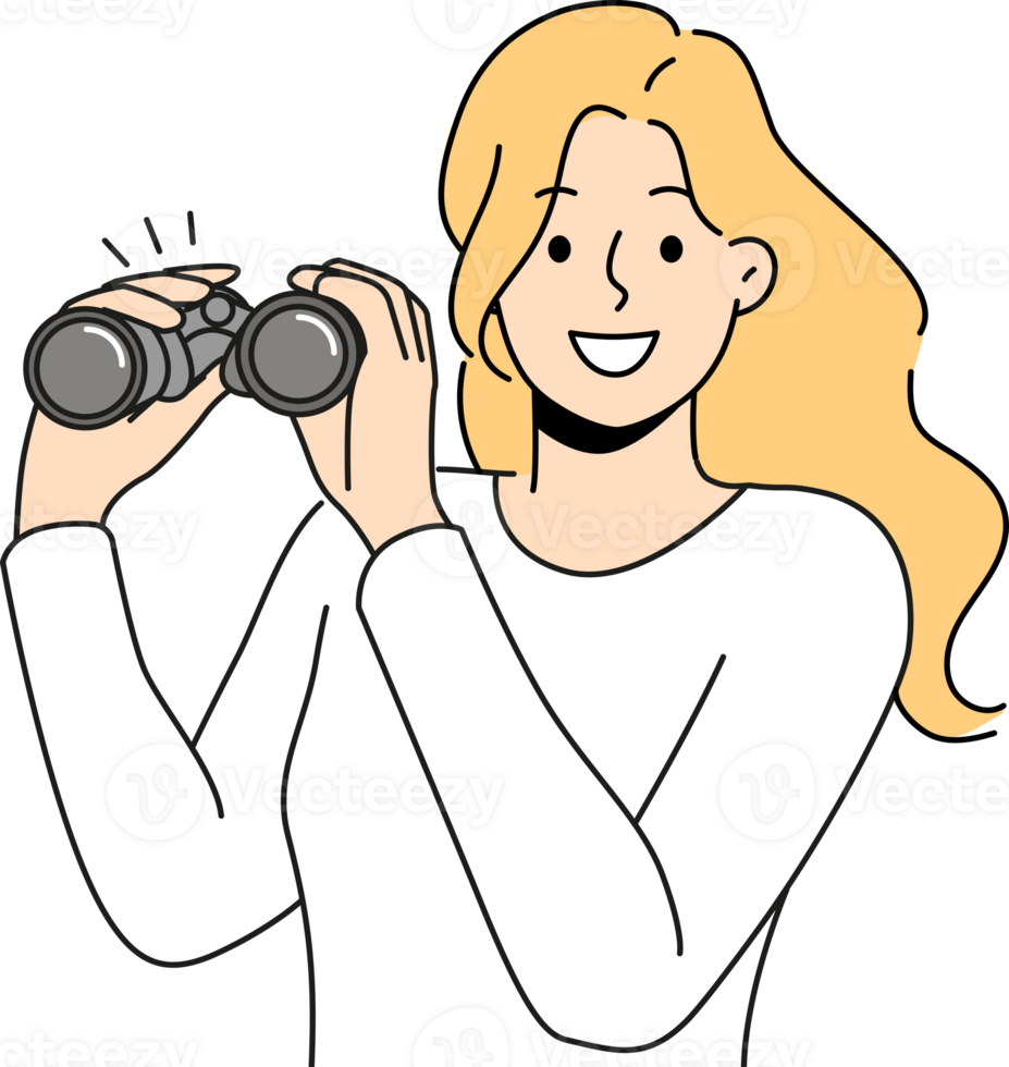 Woman with binoculars smiles and looks into camera, showing eagerness to learn new facts png