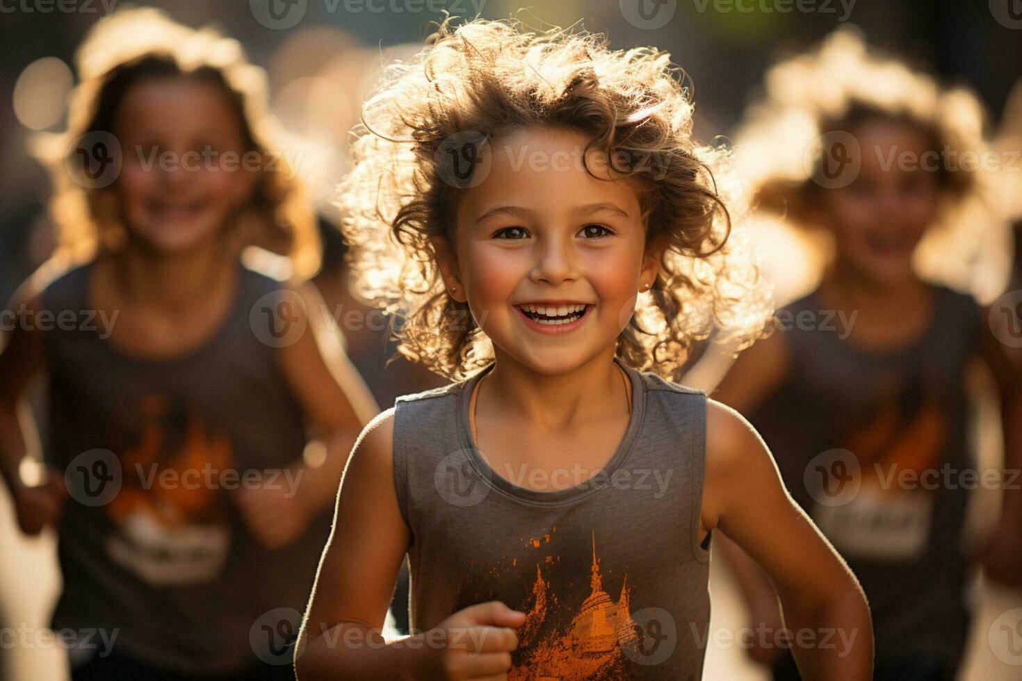 niños corriendo en un maratón durante amanecer ai generado foto