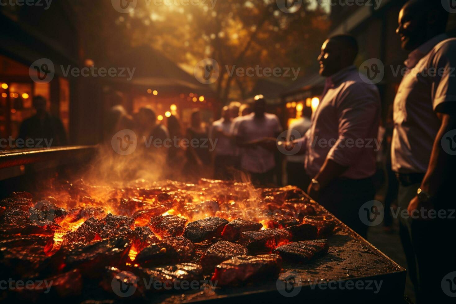 Barbeque pit with sausages and steak on it, blurred people chat  AI Generated photo