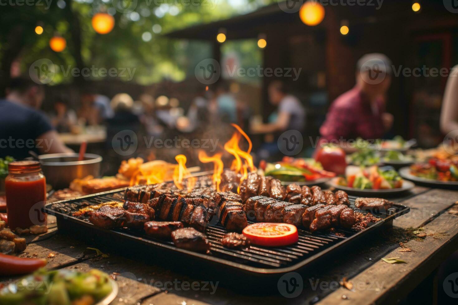 Barbeque pit with sausages and steak on it, blurred people chat  AI Generated photo