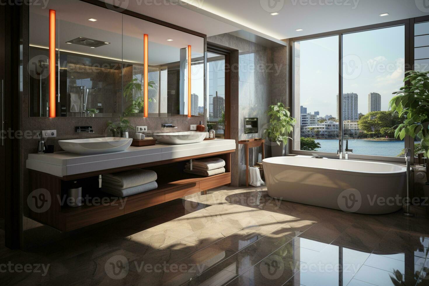 Luxurious bathroom from 5 star hotel with open window view AI Generated photo