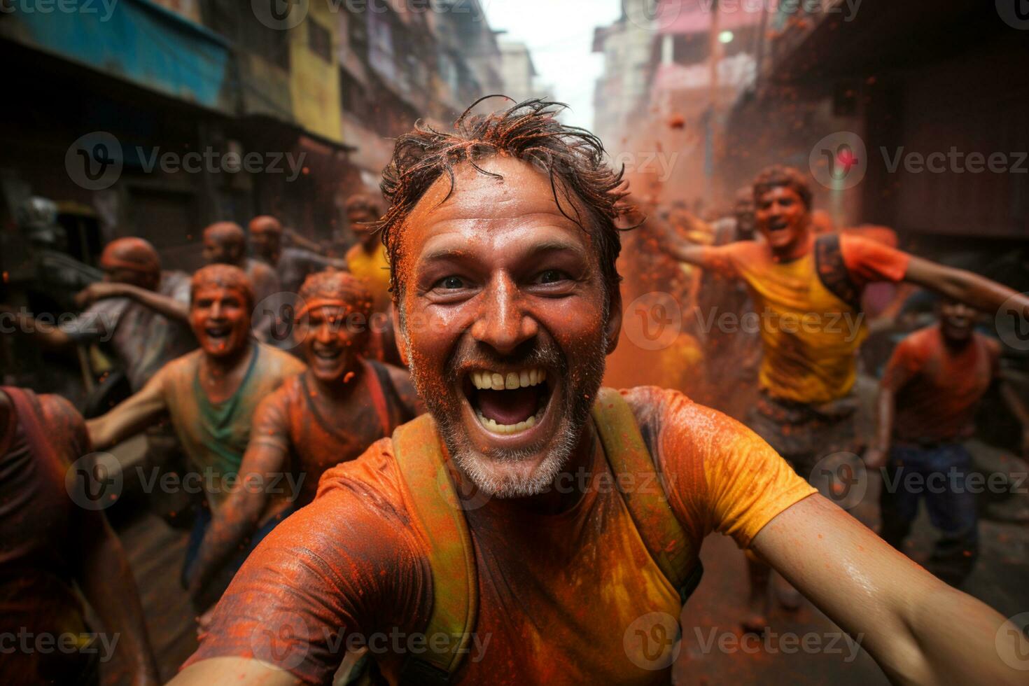 devotees enjoying holi festival on the street AI Generated photo