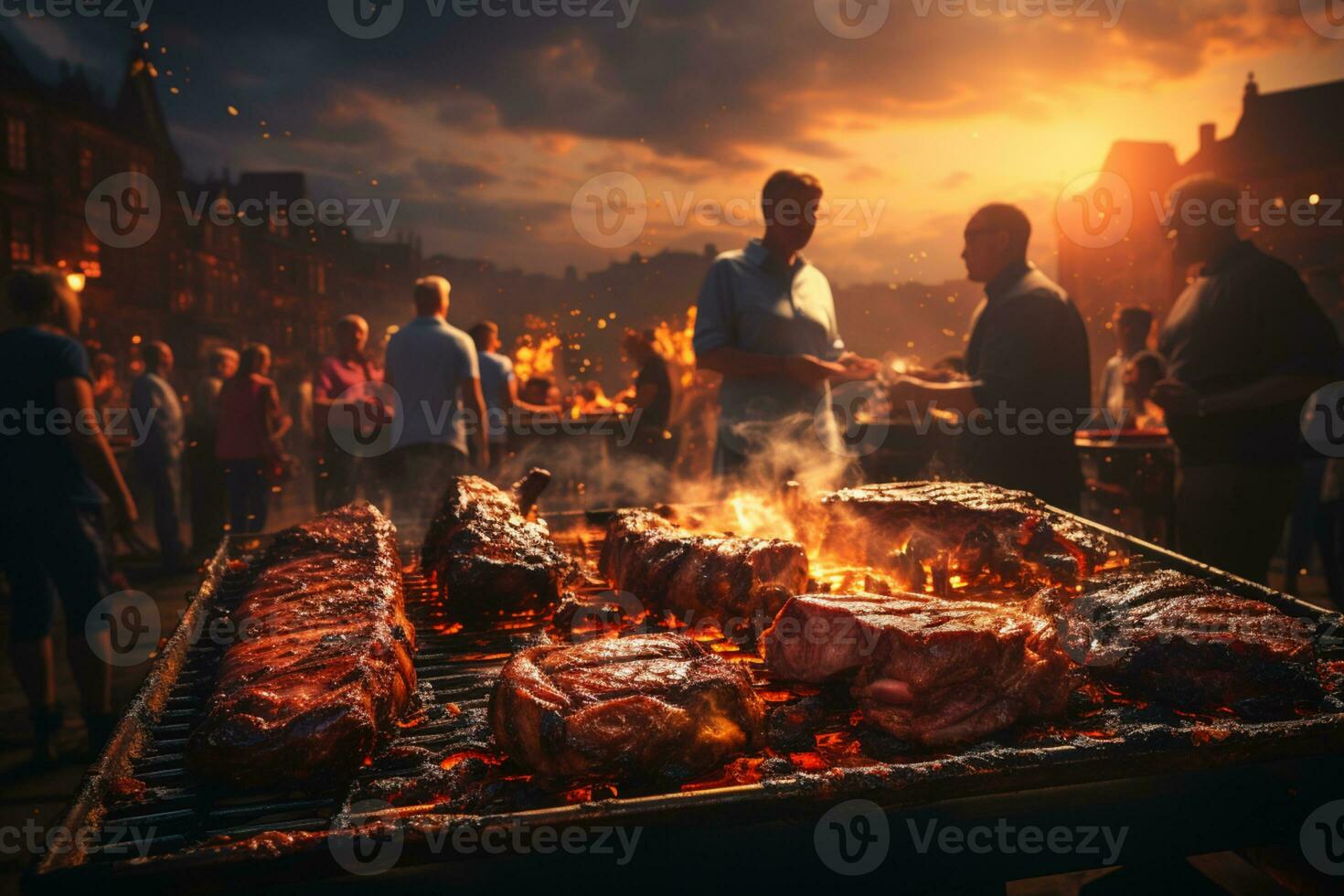 Barbeque pit with sausages and steak on it, blurred people chat  AI Generated photo