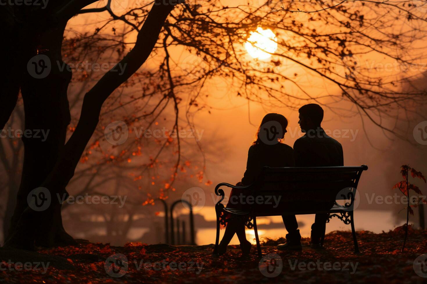 Lovers sitting in a bench at a park, romance vibes AI generated photo