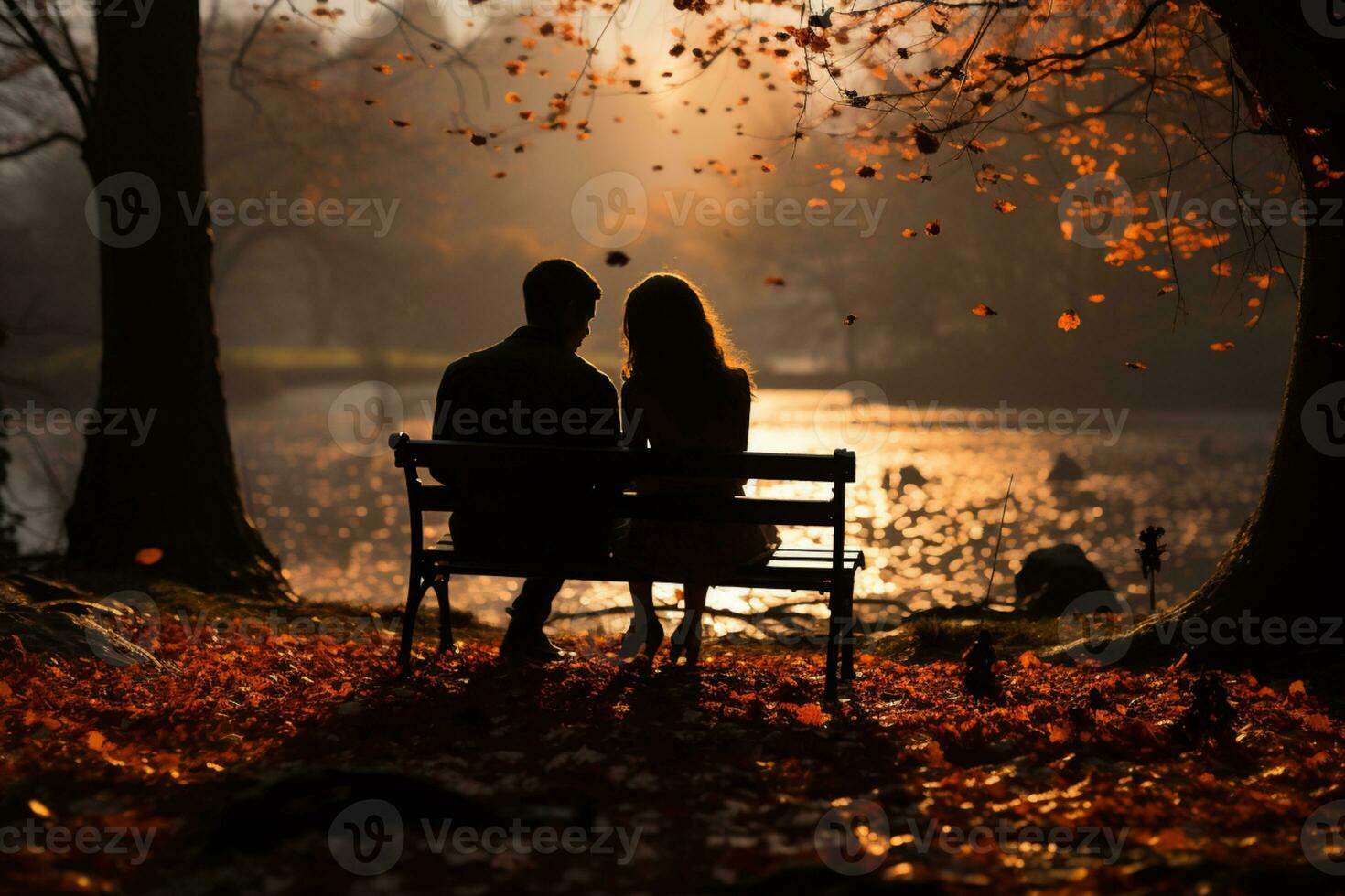 amantes sentado en un banco a un parque, romance vibraciones ai generado foto