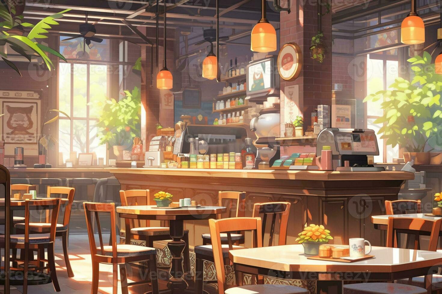 ilustración de un café interior durante Mañana ai generado foto